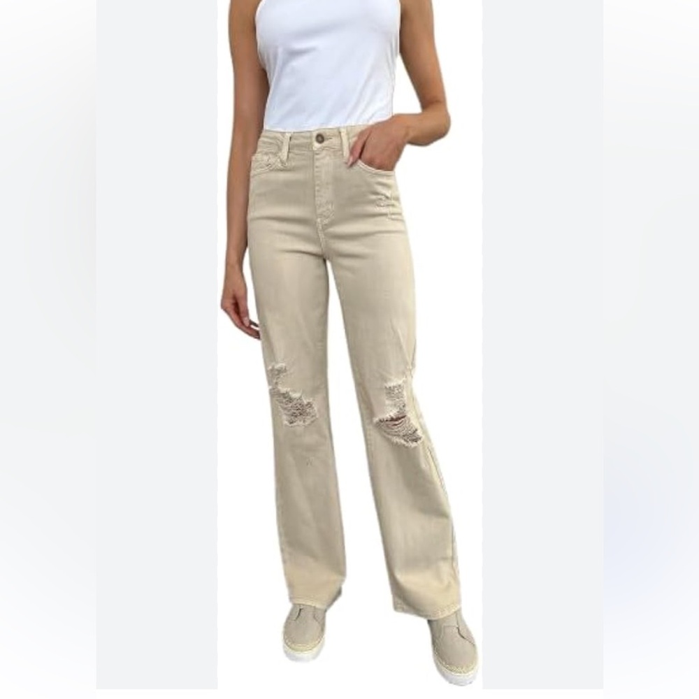 PacSun Cream Distressed Bootcut Jeans